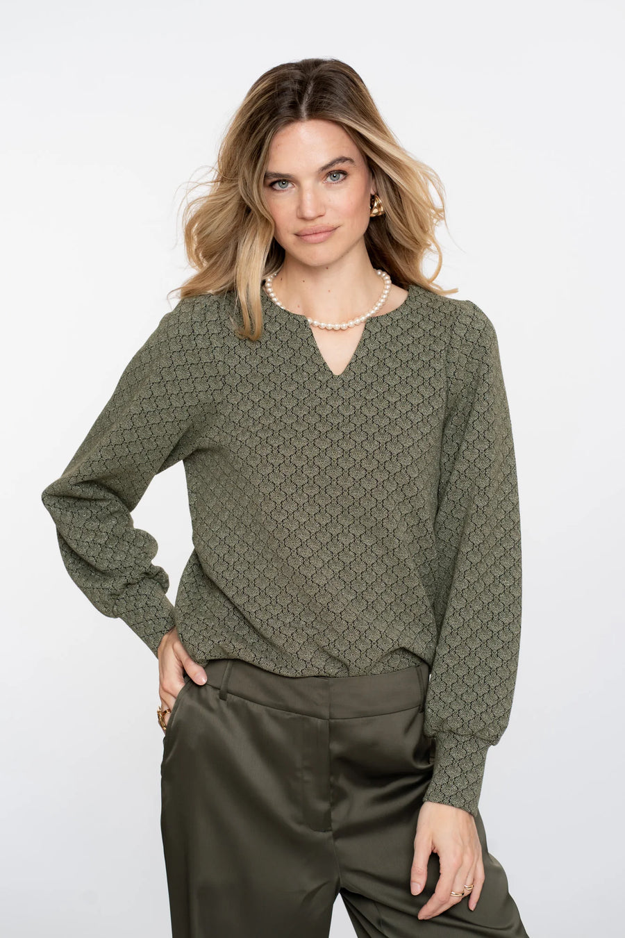 Geisha dames top met V-hals en Jacquard print - 52530-20