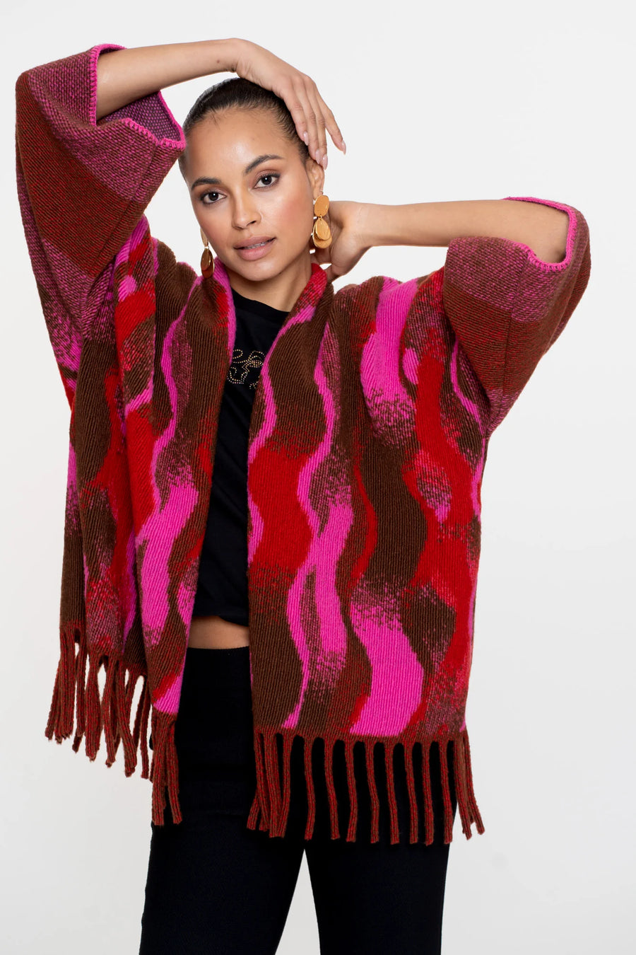 Geisha dames poncho met swirlprint en franjes - 54545-20